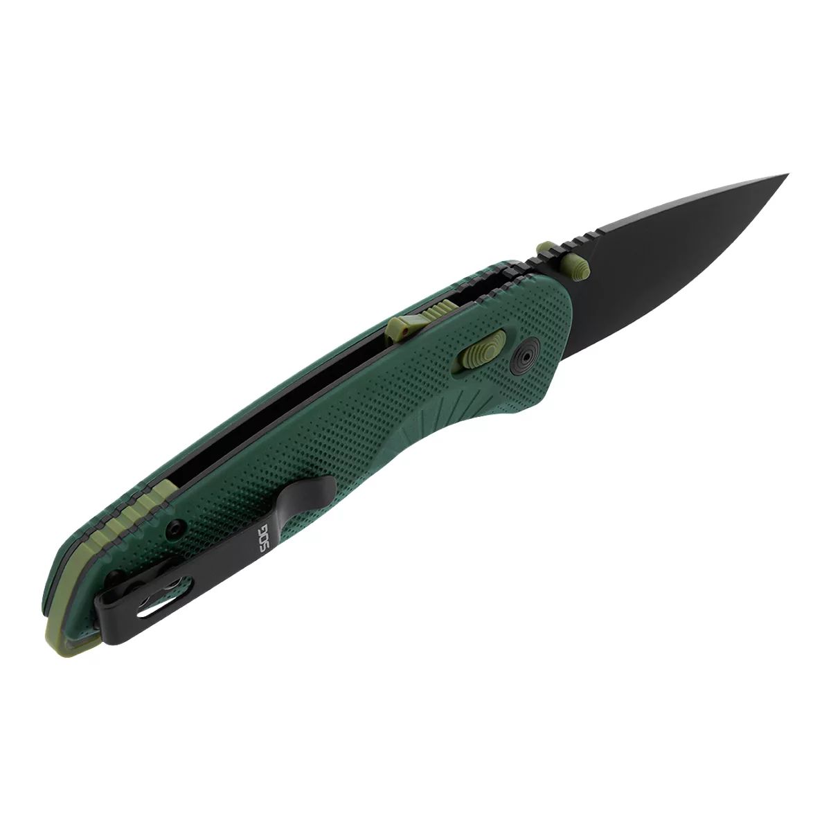 SOG Aegis Forest Moss Clip Point Blade Folding Knife Back_Angled_Left