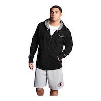 Champion Men's Powerblend Hoodie, Full Zip, Fleece, Drawstring Front_Flat