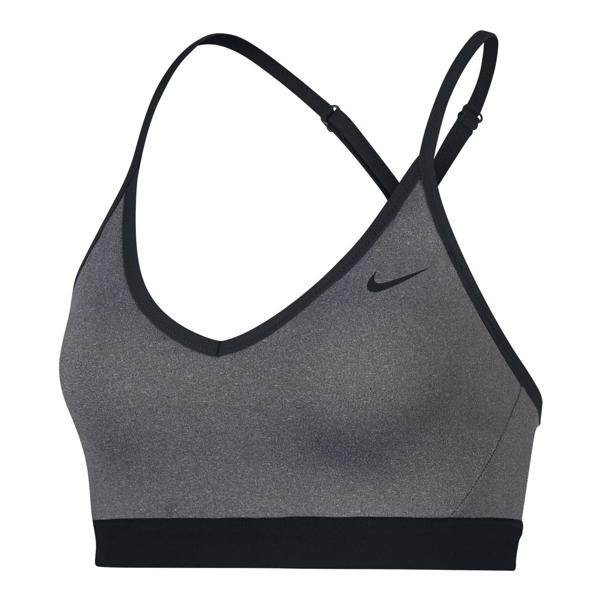 Women's Nike Indy Sports Bra offers light support during low-impact,  high-enegry workouts such as Pilates, barre and yoga. The low-cut design  and thin, adjustable straps provide feminine detail while the back mesh