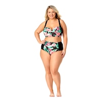 Allure Women's Floral Ruched High Waisted Plus Size Swimsuit Bikini Bottom, Beach Front_Flat