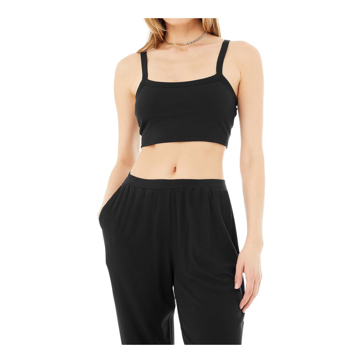 Alo Women's Ribbed Crop Whisper Bra Tank/Sports Bra, Low Impact, Lightly Lined, Longline