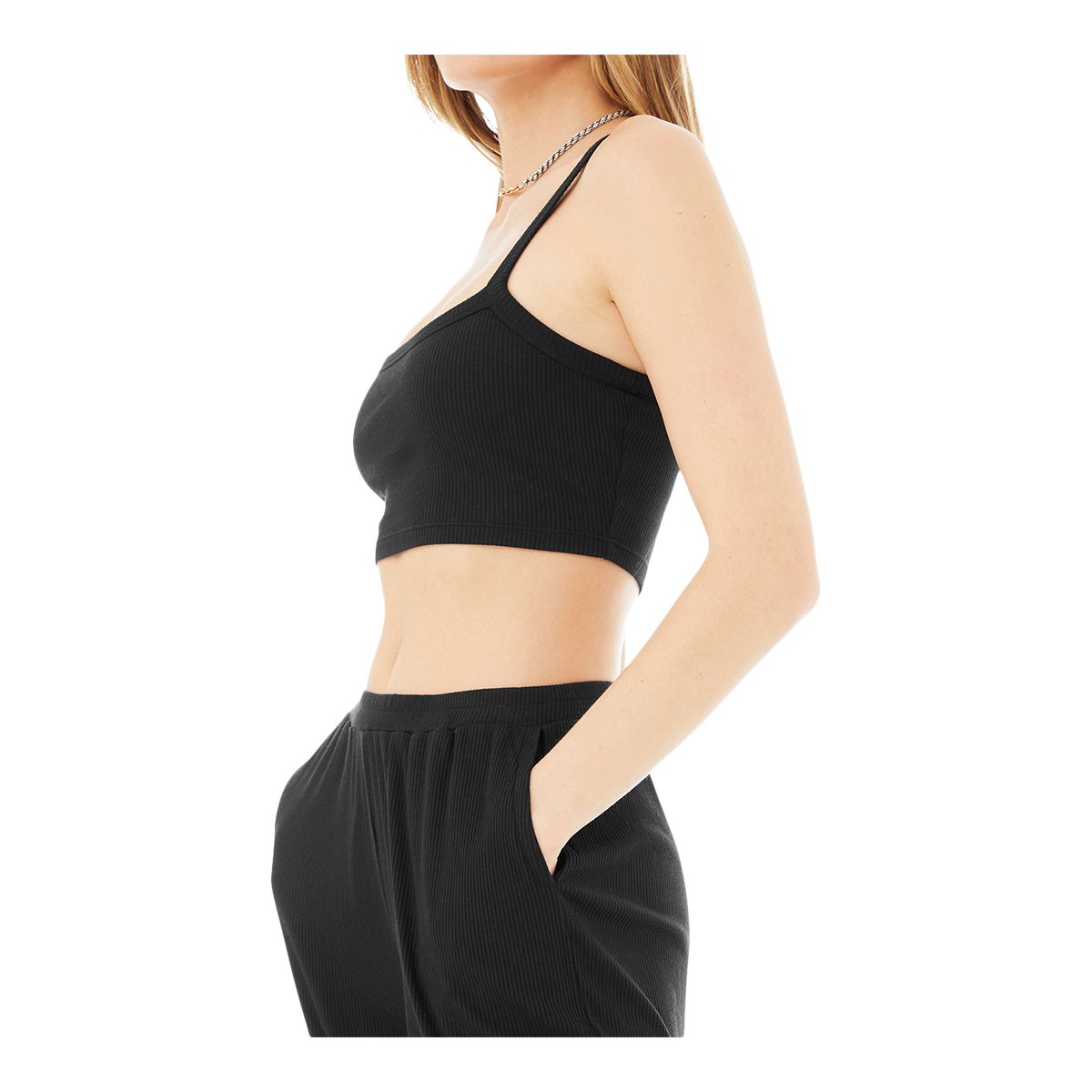 Alo Women's Ribbed Crop Whisper Bra Tank/Sports Bra, Low Impact, Lightly Lined, Longline