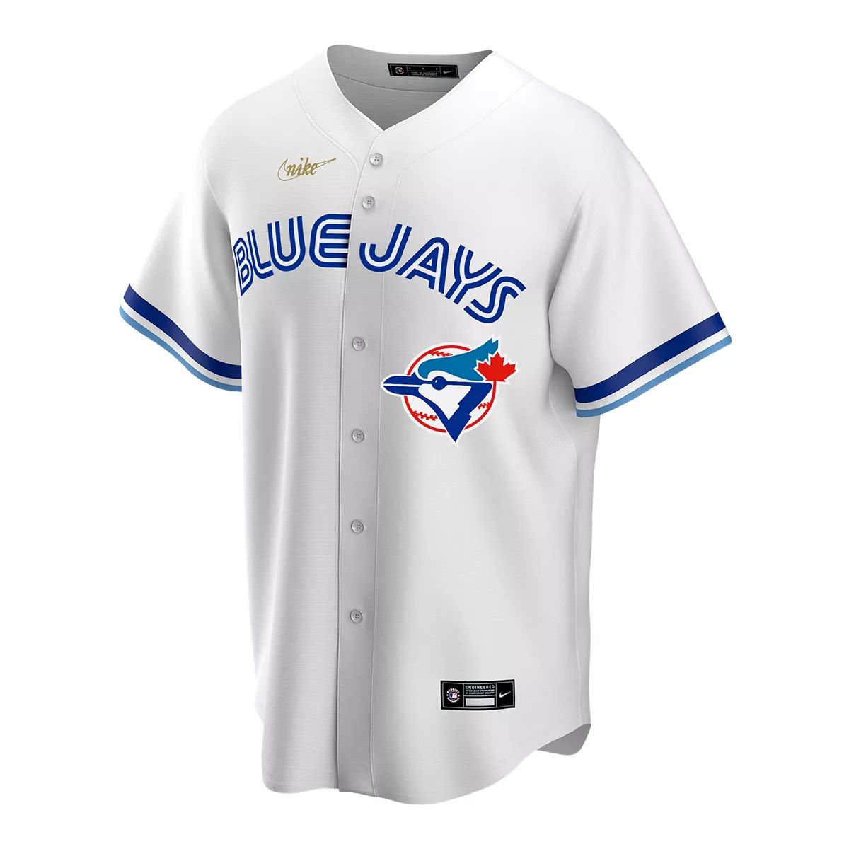 View of a Toronto Blue Jays logo on a jersey worn by a member of