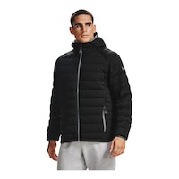 Under Armour Men's Stretch Winter Jacket, Short, Insulated Synthetic, Hooded, Breathable Front_Angled_Left